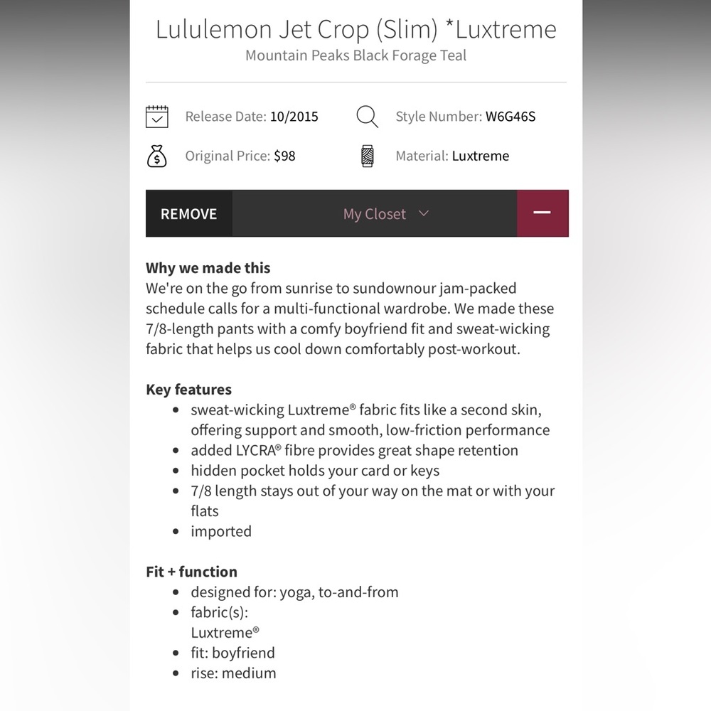 Lululemon Jet Crop (Slim) *Luxtreme Mountain Peaks Black Forage Teal - Picture 5 of 14